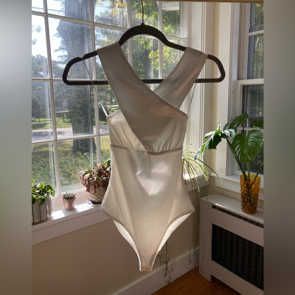 Princess Polly White Cross-Front Baldwin Bodysuit.